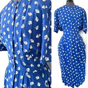 Vintage Blue and White Dress Sailboat Abstract Pattern Fit and Flare Button Down